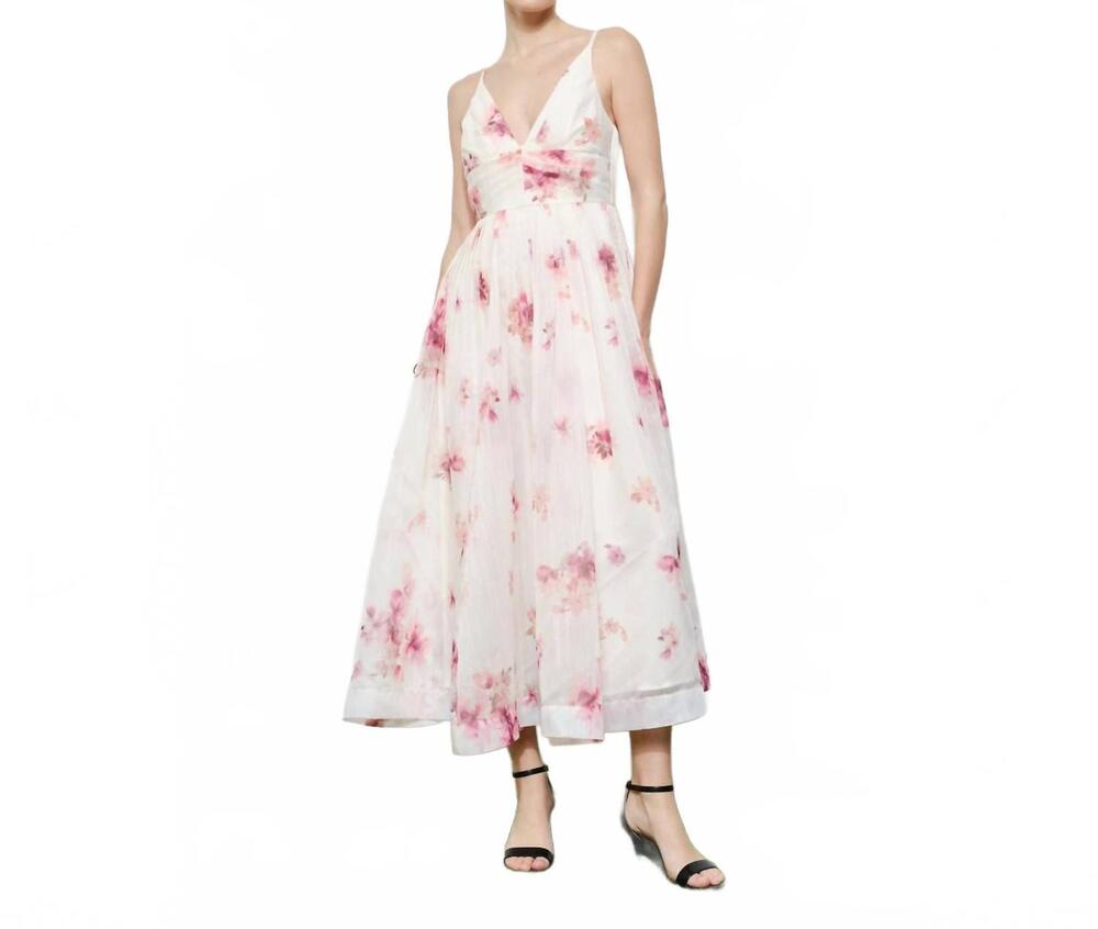 NEW INA FASHION romantic organza v-neck midi dress in pale pink floral